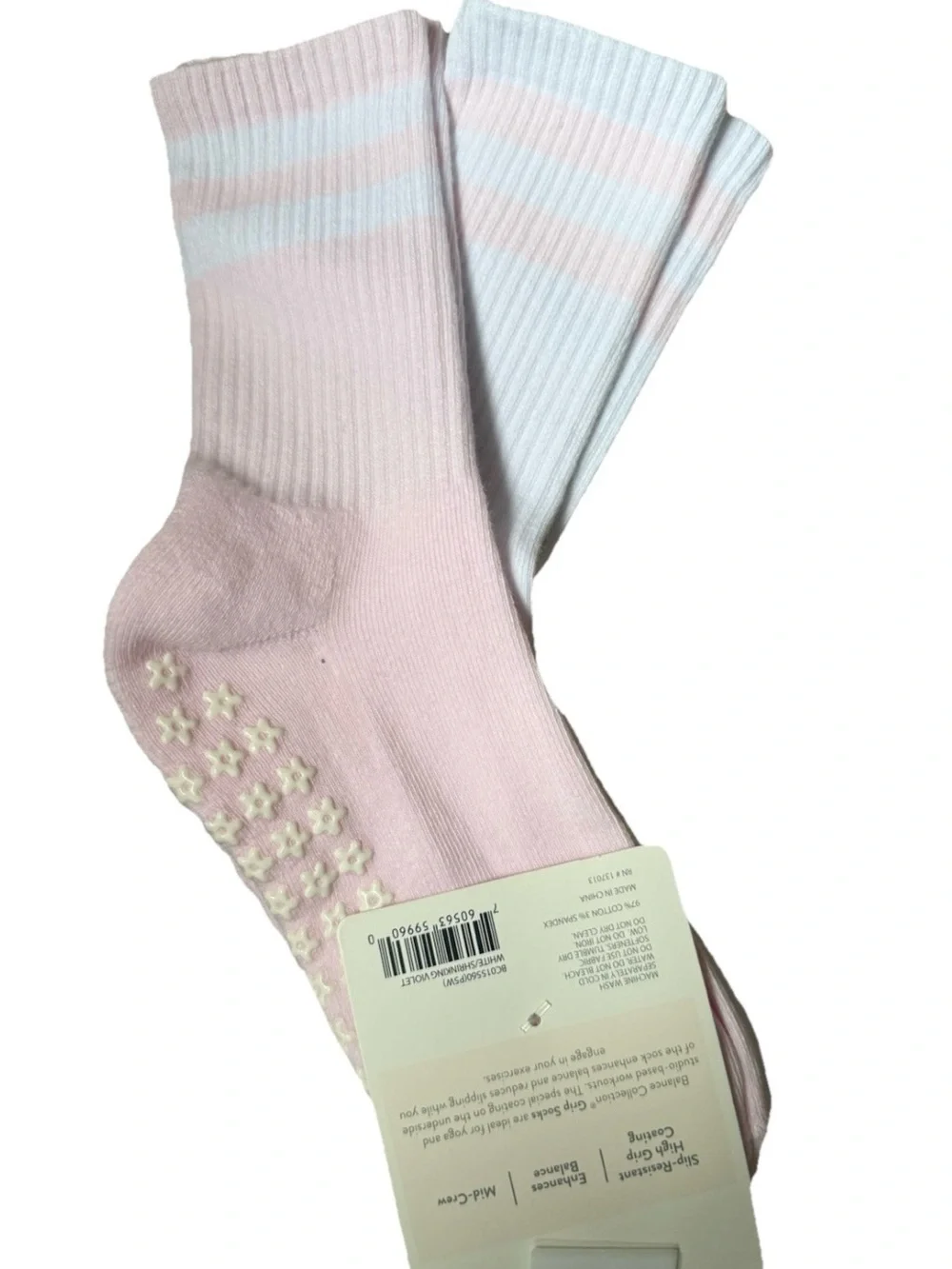 Balance Collection Women's Non-Slip Crew Socks - Light Pink & White